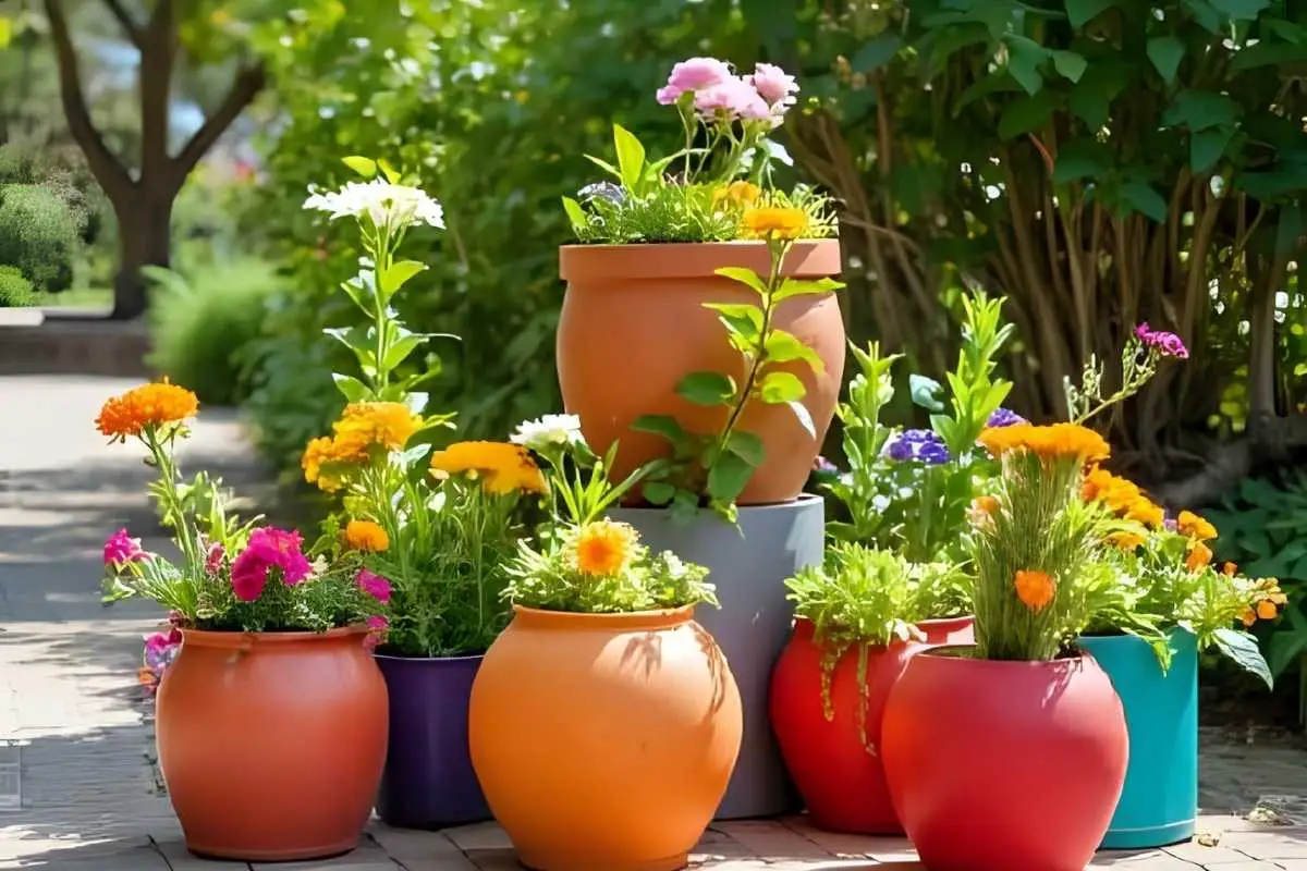 Colorful pots on a sunny balcony