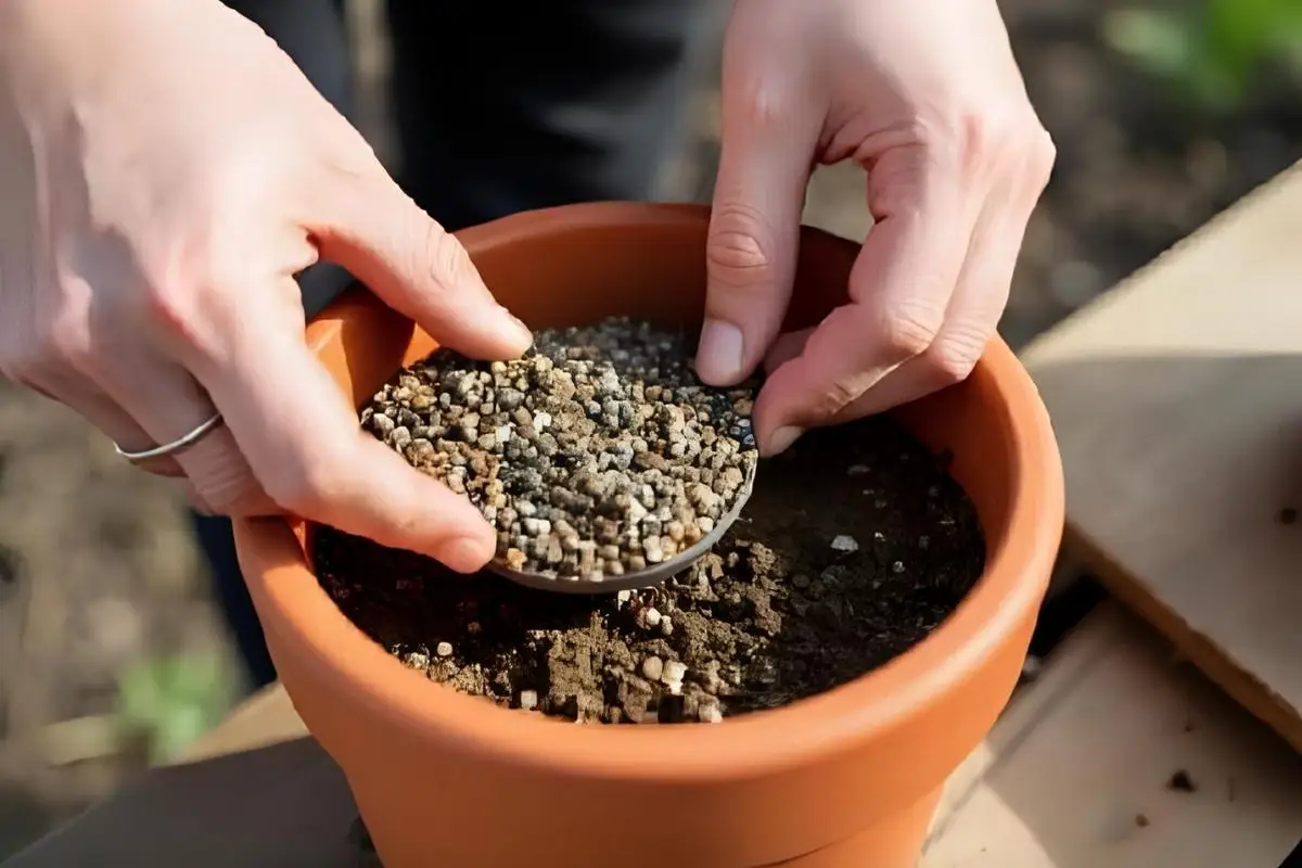 Potting soil and gravel base in container
