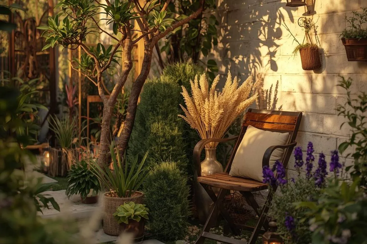 Cozy garden corner with aromatic plants and seating