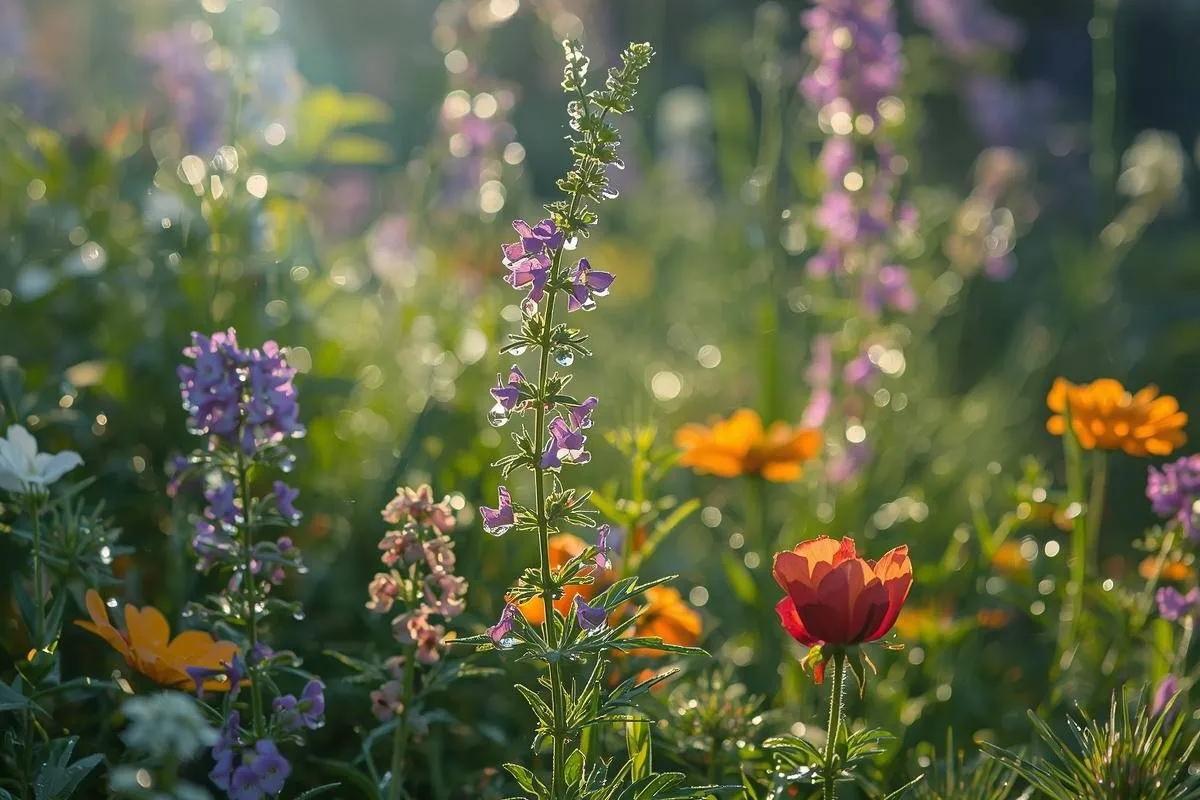 Lush fragrant garden filled with flowers and herbs