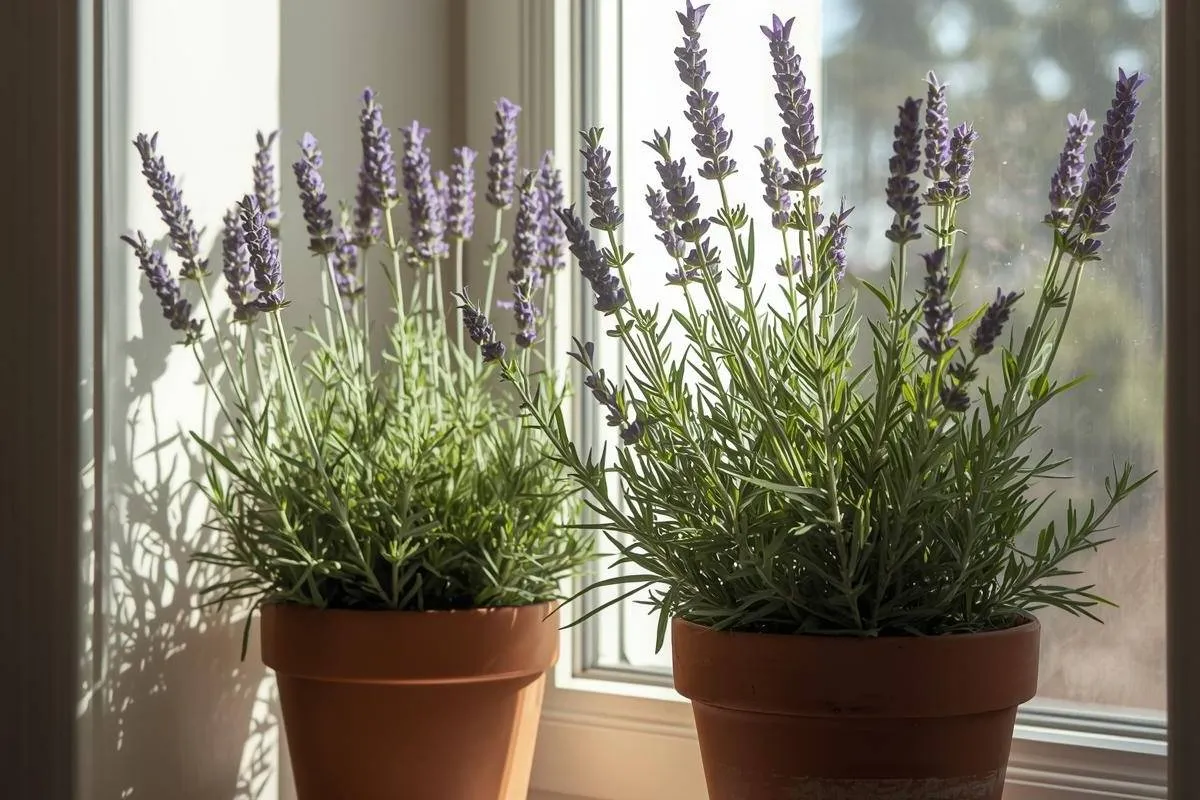 Indoor plants like lavender and rosemary near a sunny window