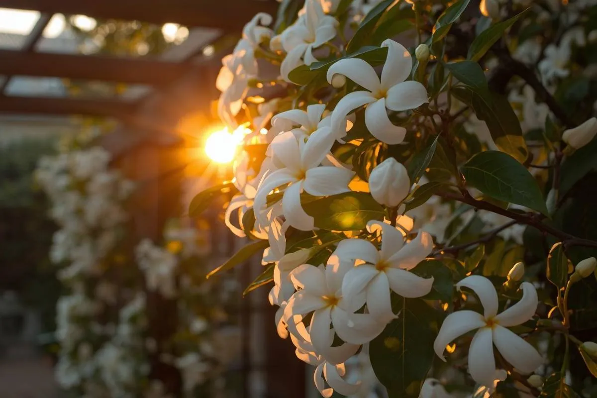 Jasmine flowers climbing on trellis at sunset