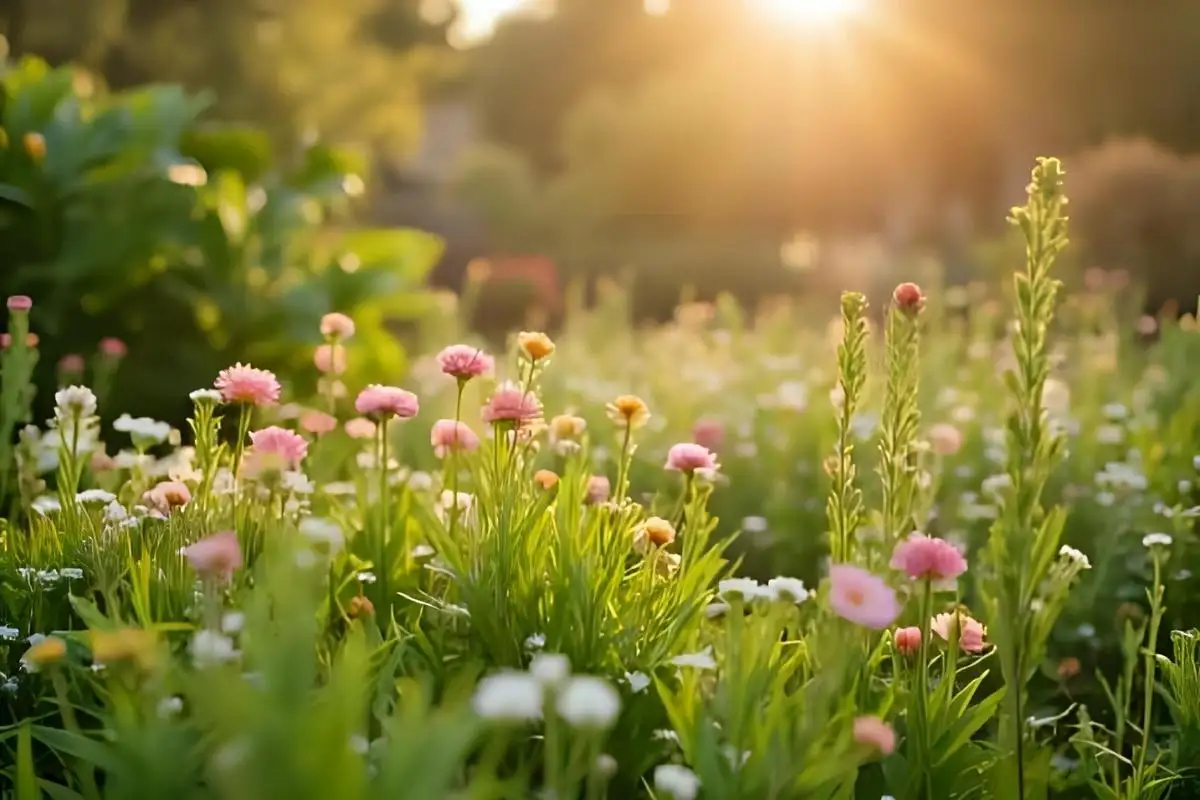 Peaceful garden with flowers and sunlight