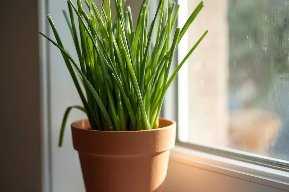 Chives in a small indoor pot with purple blooms