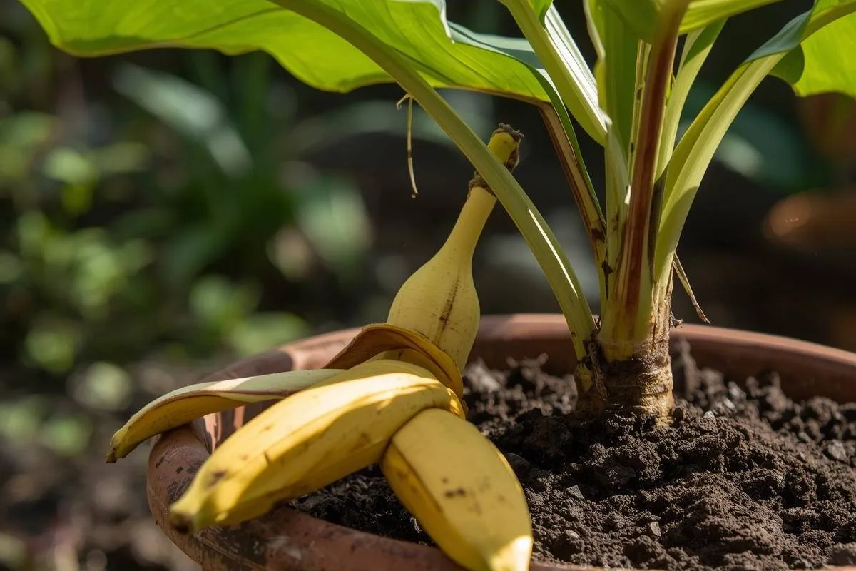 Banana peel pieces near flowering plant