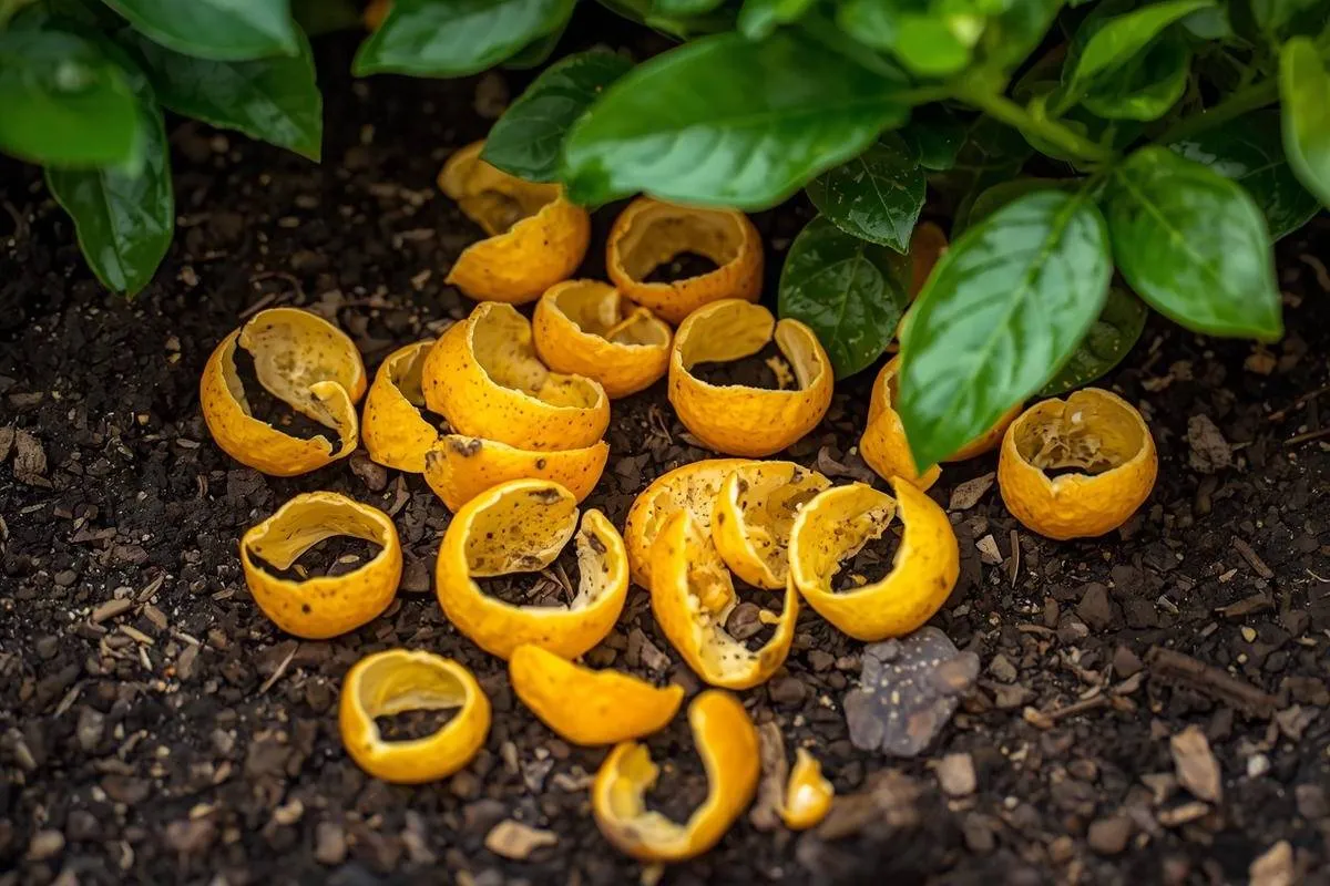 Citrus peels scattered near garden plants