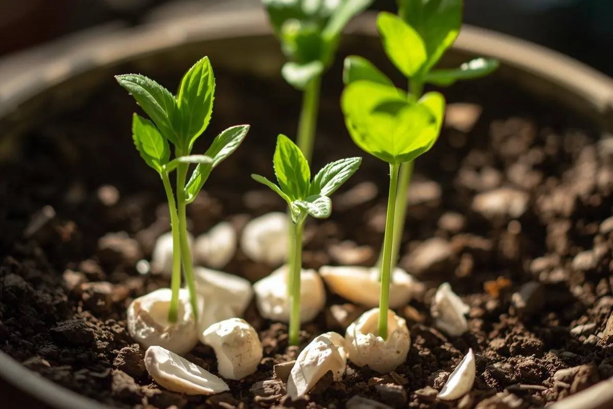Crushed eggshells added to pot soil