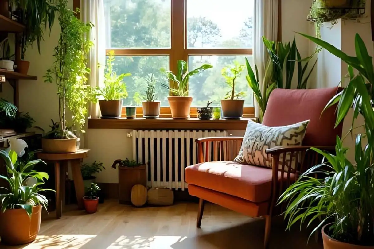 Indoor seated gardening setup near window