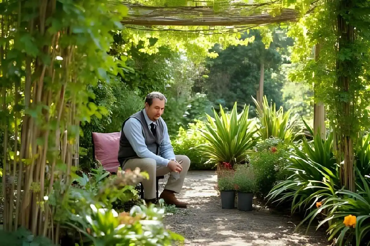 Seated gardener arranging shade-loving plants under canopy