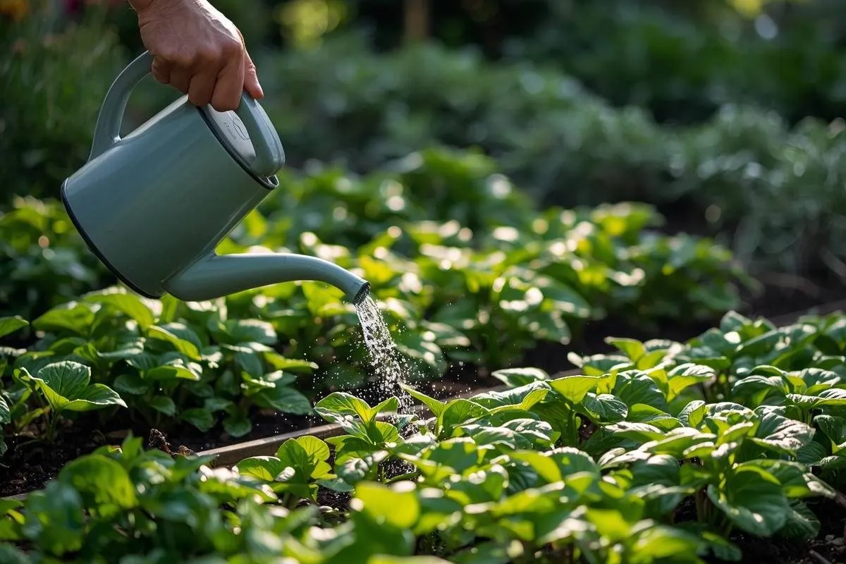 Watering deeply around the base of plants