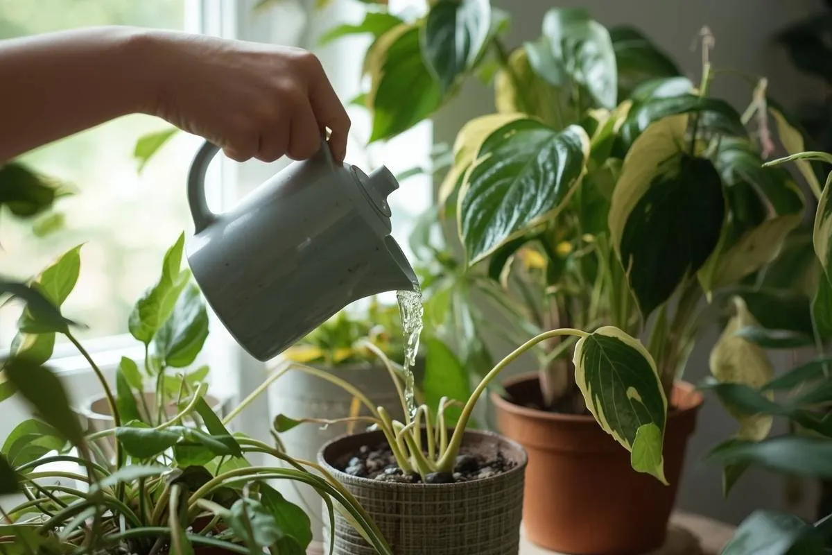 Reviving wilted houseplants with gentle watering