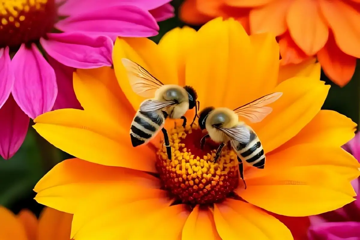 Bees visiting flowers in a bright summer garden
