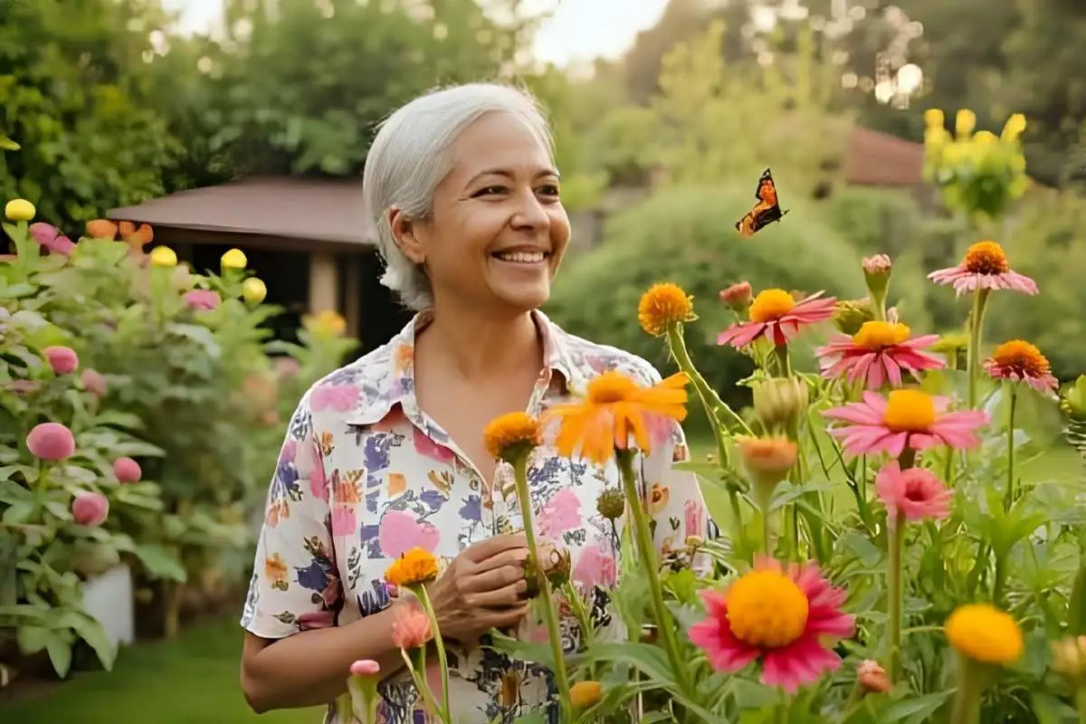 Senior gardener enjoying birds and butterflies in a lush garden
