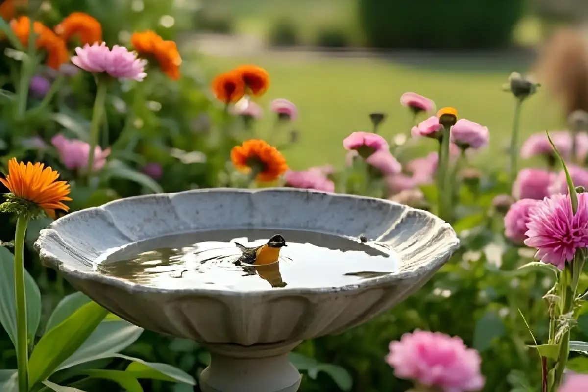 A small birdbath surrounded by colorful flowers
